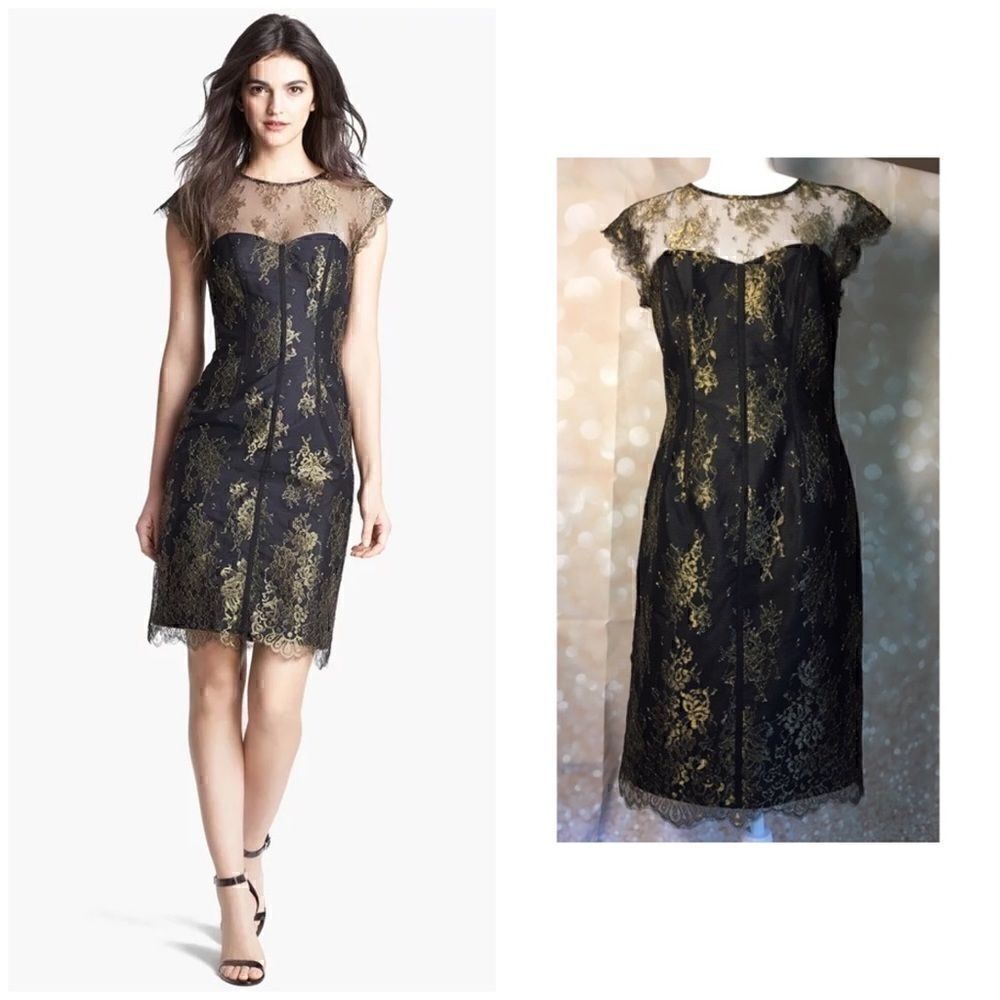 Monique Lhuillier Black & Gold Lace Dress